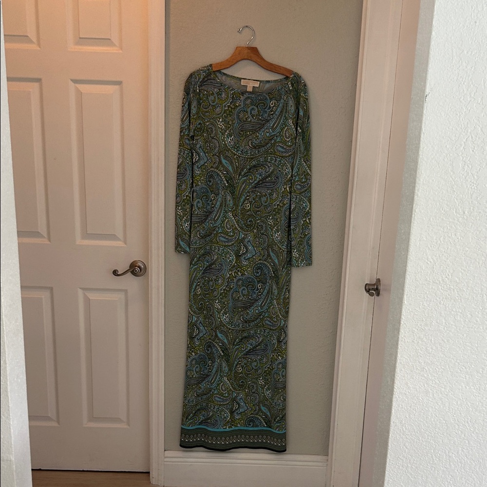 Michael Kors Green and Blue Paisley Long Sleeve Dress